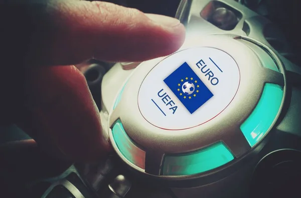 Finger Press Car Ignition Button Text Euro Uefa European Flag — Stock Photo, Image