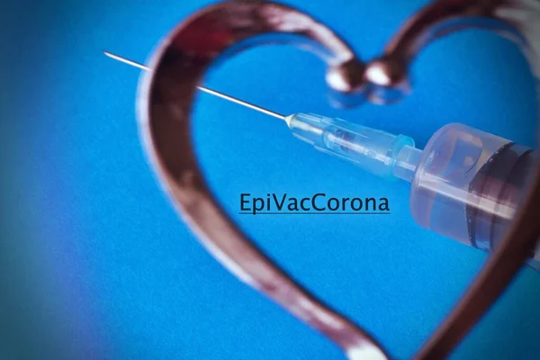 Close Syringe Heartshape Text Epivaccorona — Stock Photo, Image