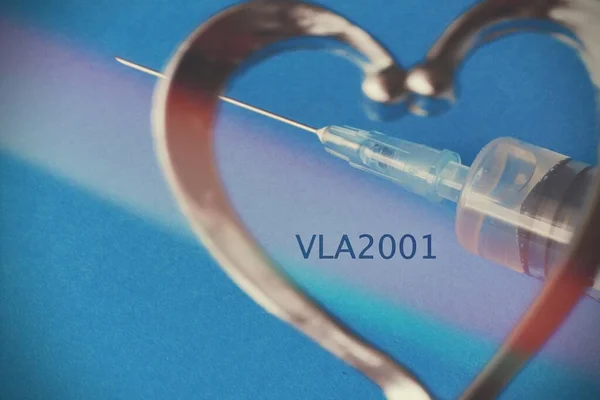 Shot Heart Syringe Text Vla2001 Concept New Valneva Vaccine — Stock Photo, Image
