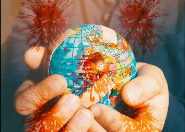 Natural Hands Boy Holding Globe Surrounded Virus Cells Concept Global — Stock Photo, Image