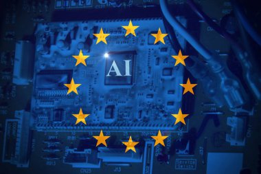 Avrupa Bayrağı Üzerinde Robotik Çip, Avrupa 'da Yapay Zeka Konsepti.