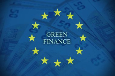 Avrupa bayrağı üzerine ECB metni. Merkez bankacılık, para politikası ve Avrupa 'da mali istikrarın kavramsal imajı