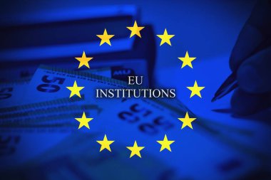 Avrupa bayrağı üzerine ECB metni. Merkez bankacılık, para politikası ve Avrupa 'da mali istikrarın kavramsal imajı