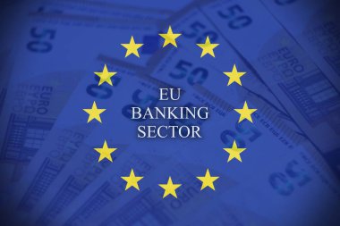 Avrupa bayrağı üzerine ECB metni. Merkez bankacılık, para politikası ve Avrupa 'da mali istikrarın kavramsal imajı