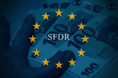 Avrupa Birliği bayrağı ve Stratejik Özerklik metninin yer aldığı avro banknotları. Avrupa 'nın finansal bağımsızlığını, ekonomik egemenliğini ve stratejik karar verme mekanizmasını temsil eden kavramsal imaj