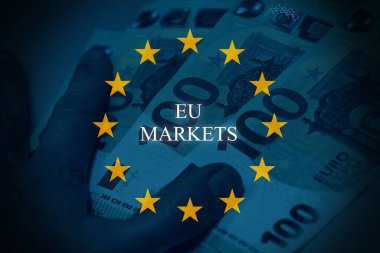 Avrupa Birliği pazarlarını temsil eden kavramsal mali imaj, AB bayrağıyla avro banknotlarının birleşiminden oluşuyor.