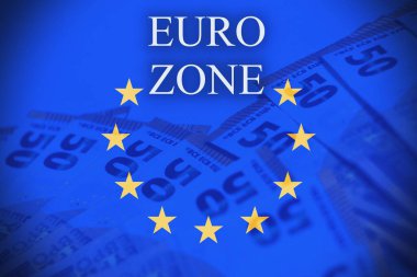 Avrupa bayrağı üzerine ECB metni. Avro Bölgesi bankacılık, parasal yönetim ve mali politika konsepti