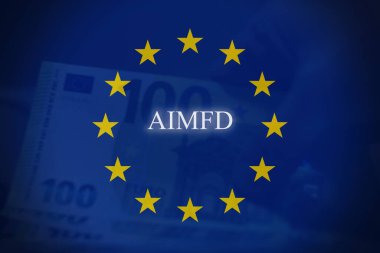 AMBE harfleri Avrupa Birliği bayrağıyla birleşti. Kurumsal yönetim, düzenleyici sistemler ve Avrupa çapında sınır ötesi işbirliğini temsil eden kavramsal görsel.