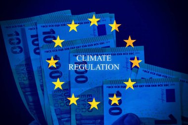 Avrupa Birliği bayraklarında karbon fiyatlandırmasını temsil eden kavramsal imaj, AB bayrağı, avro banknotları ve karbon fiyatlandırma metni