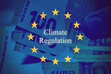 Avrupa Birliği bayraklarında karbon fiyatlandırmasını temsil eden kavramsal imaj, AB bayrağı, avro banknotları ve karbon fiyatlandırma metni