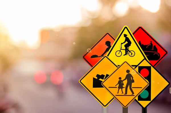 Set of traffic sign on motion blur road traffic — Stock Photo, Image