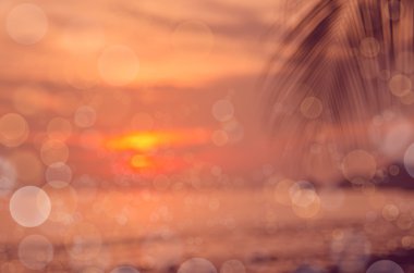 Palmiye ağacı üzerinde tropikal günbatımı plaj arka plan bulanıklık