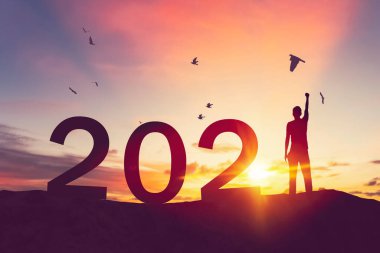 İnsanlar günbatımı gökyüzünde dağın tepesinde uçan kuşlar ve 2021 gibi soyut bir sayı ile el kaldırır. Mutlu yıllar ve tatil konsepti. Klasik ton filtre efekti renk biçimi.