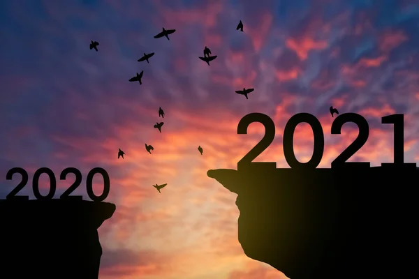 2021 Nieuwjaar Concept Met Vogels Vliegen Zonsondergang Hemel Achtergrond Top — Stockfoto