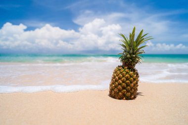 Tropik plaj arka planında ananas. Yaz tatili ve sağlıklı gıda konsepti.