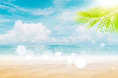 Bulanık, yeşil palmiye yaprağı tropikal plajda, Bokeh güneş ışığı dalgası soyut arka planda. Yaz tatili ve iş seyahati konseptini kopyala. Klasik ton filtre efekti renk biçimi