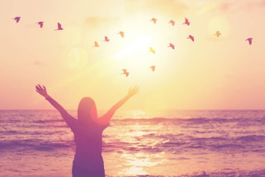 Sahilde günbatımı gökyüzünde ve adada çifte pozlama yapan kuşlar renkli bokeh soyut arka planda uçar. Özgürlük ve seyahat macera konsepti. Klasik ton filtresi renk biçimi.