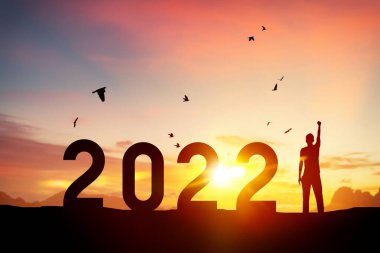 İnsanlar günbatımı gökyüzünde dağın tepesinde uçan kuşlar ve 2022 soyut arkaplan gibi sayılarla el kaldırıyorlar. Mutlu yıllar ve tatil konsepti. Klasik ton filtre efekti renk biçimi.