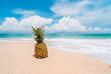 Tropik plaj arka planında ananas. Yaz tatili ve sağlıklı gıda konsepti.