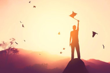 Silüet adam, gün batımında gökyüzünde kuşların soyut arka planda uçtuğu dağın tepesinde bayrak kaldırıyor. Özgürlük iyi hissettirir ve seyahat macerası konsepti. Klasik ton rengi.