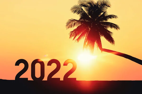 2022 Number Palm Tree Tropical Sunset Beach Abstract Background Happy — Stock Photo, Image