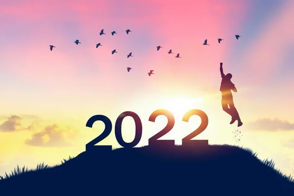 Man jumping on sunset sky with birds flying at top of mountain and number like 2022 abstract background. Happy new year and holiday concept. Vintage tone filter effect color style.