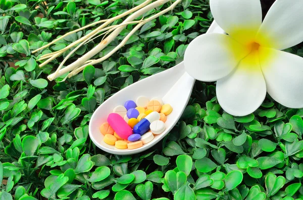 Närbild många färgglada medicin tablett på sked med vita blommor och torkade trädgren — Stockfoto