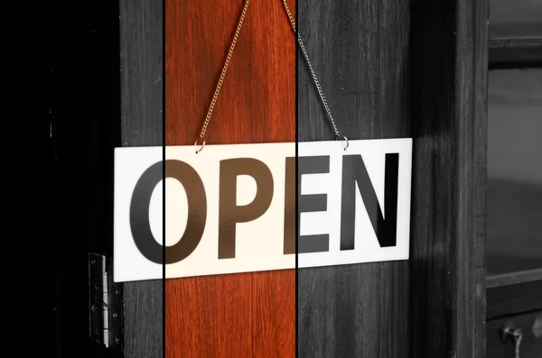 Open sign broad hanging on wooden door in street cafe. — Stock Photo, Image