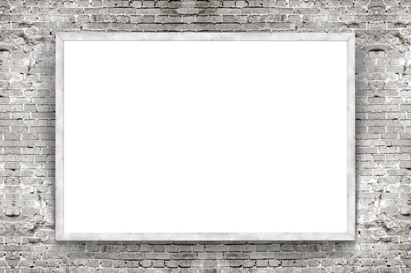 Blank banner with wooden frame on brick wall background — Stock Photo, Image