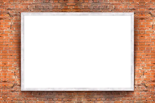Leeres Banner mit Holzrahmen auf Backsteinwand-Hintergrund — Stockfoto