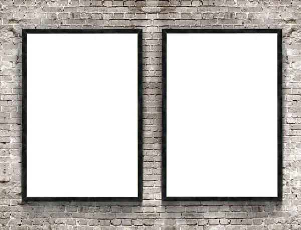 Two blank banners with wooden frame on brick wall background — Stock Photo, Image