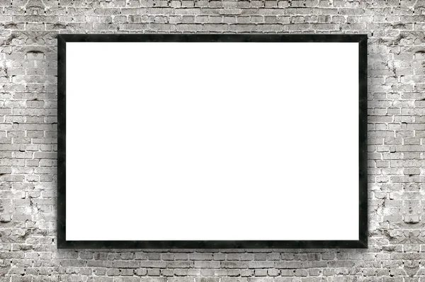 Blank banner with wooden frame on brick wall background — Stock Photo, Image