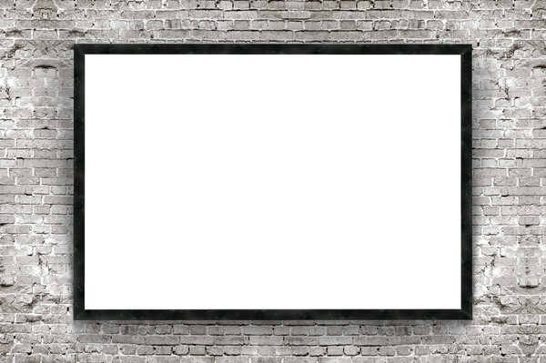 Blank banner with wooden frame on brick wall background