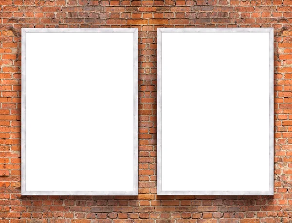 Two blank banners with wooden frame on brick wall background — Stock Photo, Image