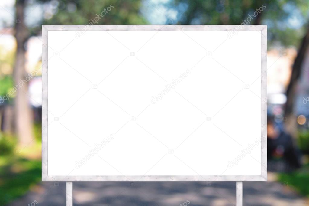 Blank banner with wooden frame on unfocused street background