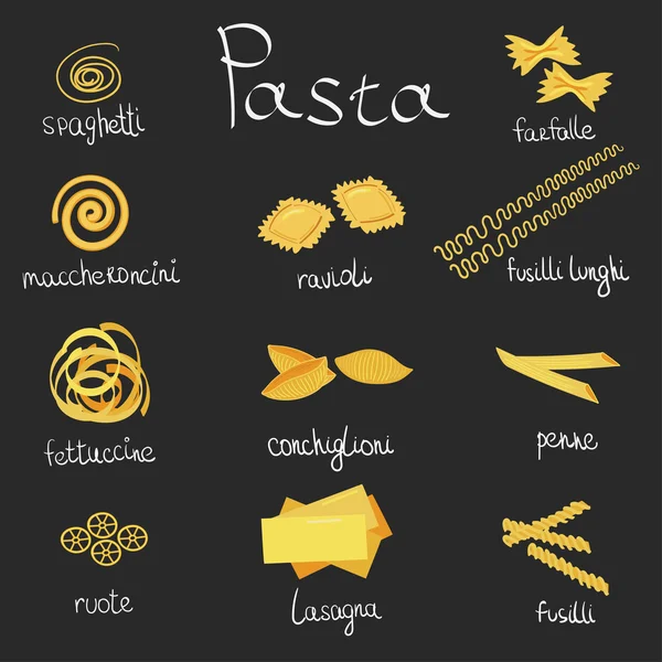 Set vettoriale disegnato a mano di diversi tipi di pasta italiana — Vettoriale Stock