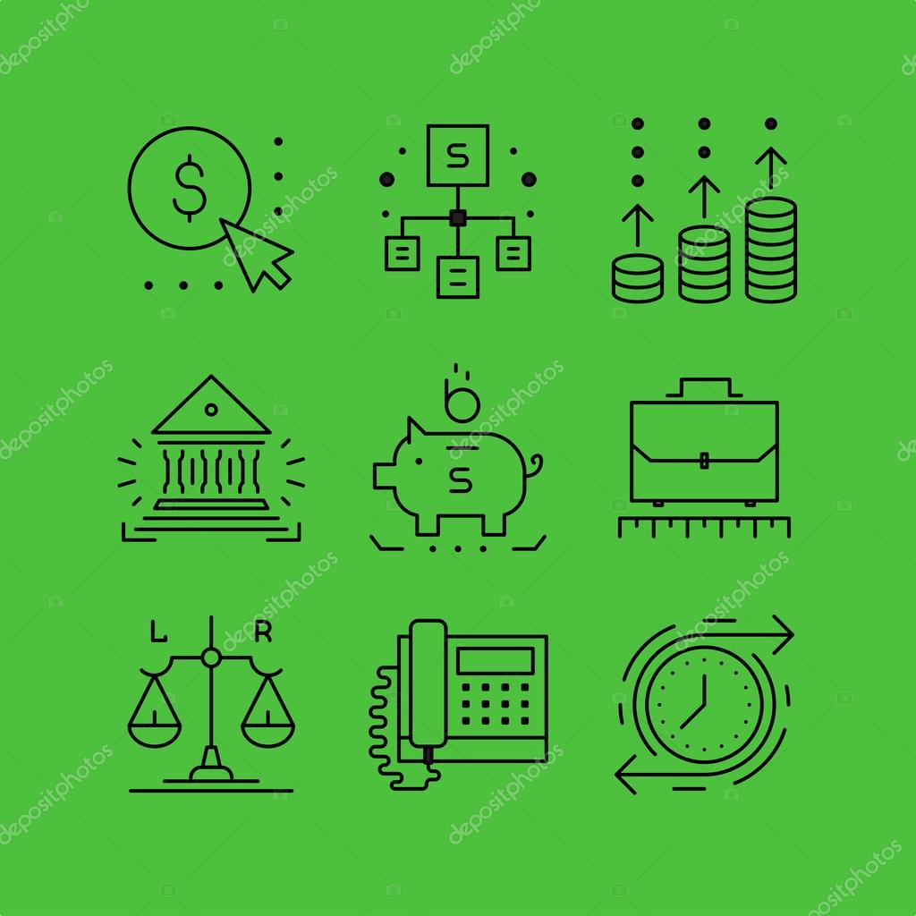 Set of line vectors icons in the flat style. Business and Finance, Finance and investment, banking office, asset growth