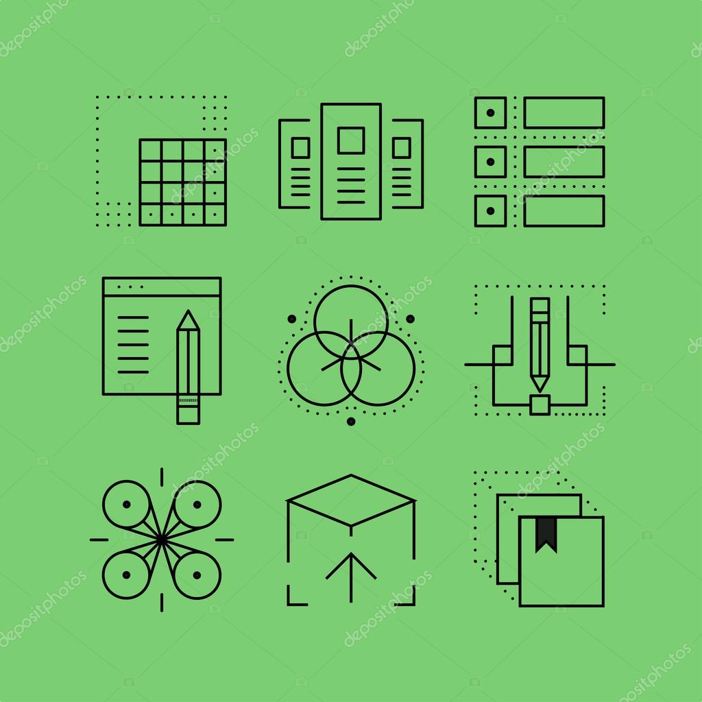 Set of line vectors icons in the flat style. Digital Art, Layouts web pages, applications and website development