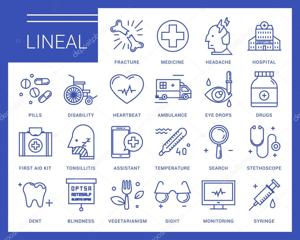 Line vector icons in a modern style. Medical assistance online, hospitalized patients, first aid kit, vision loss, emergency medical care, dental care, vegetarianism and healthy lifestyle