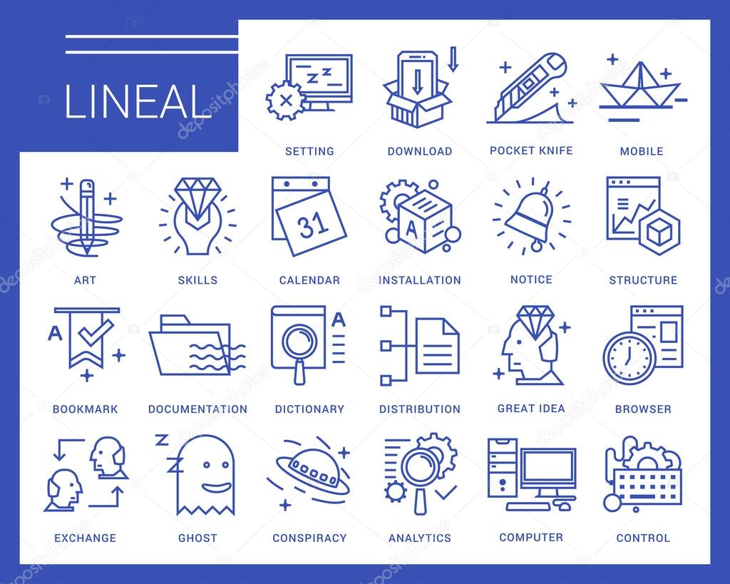 Line vector icons in a modern style. Software and System Preferences, Inserting and editing system files