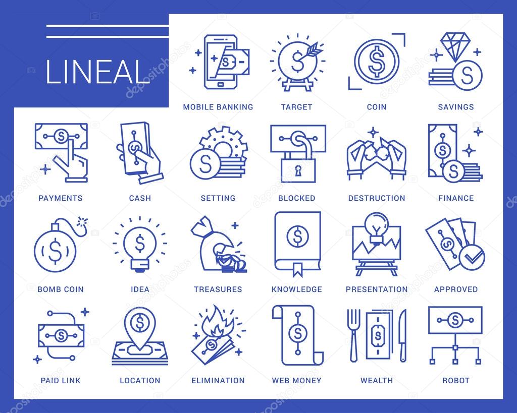 Line vector icons in a modern style. Business and finance, mobile payments, e-currency, speculation, mobile banking