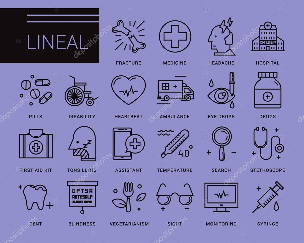 Line vector icons in a modern style. Medical assistance online, hospitalized patients, first aid kit, vision loss, emergency medical care, dental care, vegetarianism and healthy lifestyle