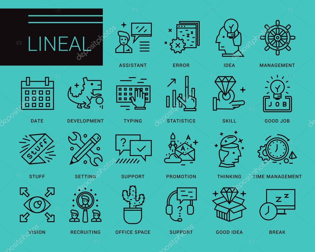 Line vector icons in a modern style. Search and selection of staff, Support and Assistance in Problem Solving, Jobs in the Corporation