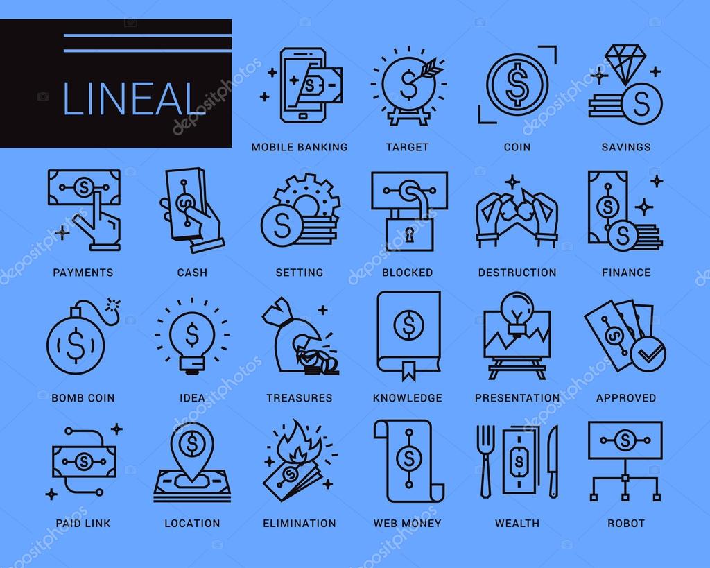 Line vector icons in a modern style. Business and finance, mobile payments, e-currency, speculation, mobile banking.