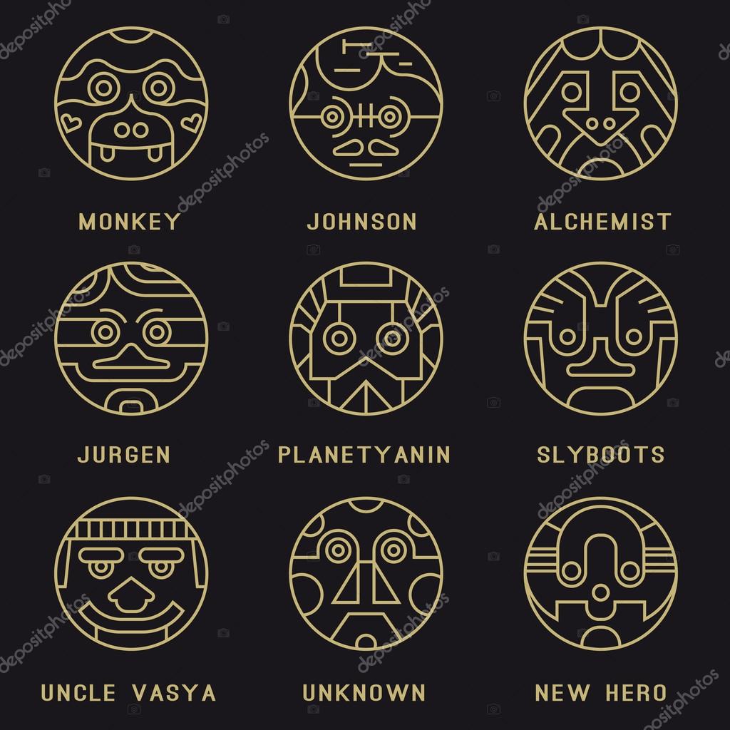 Set of round, abstract icons. Character, face, avatar, user, hero, person, line, circle.