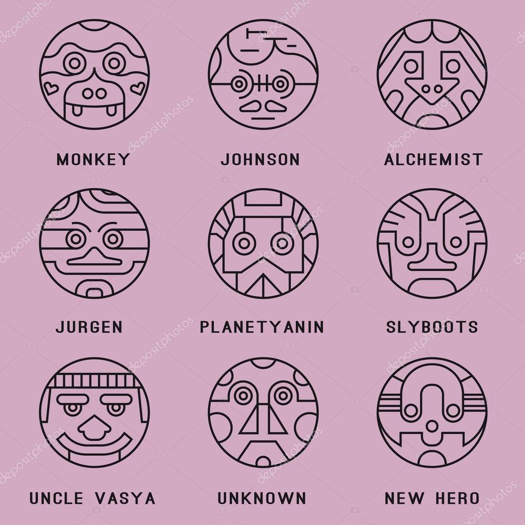 Set of round, abstract icons. Character, face, avatar, user, hero, person, line, circle.