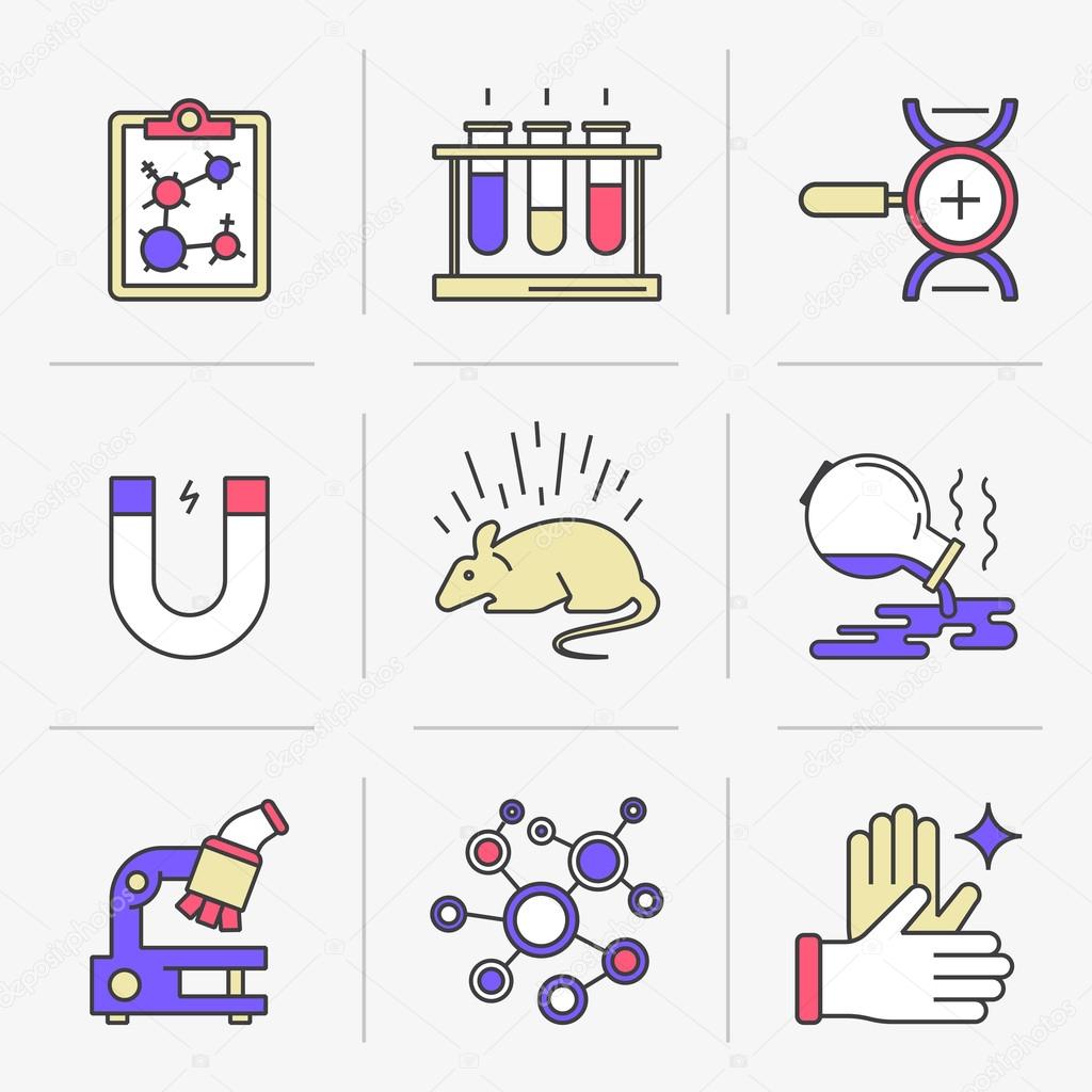 Set of vector icons into flat style. Scientific approach, animal studies, a failed experiment. Isolated Objects in a Modern Style for Your Design