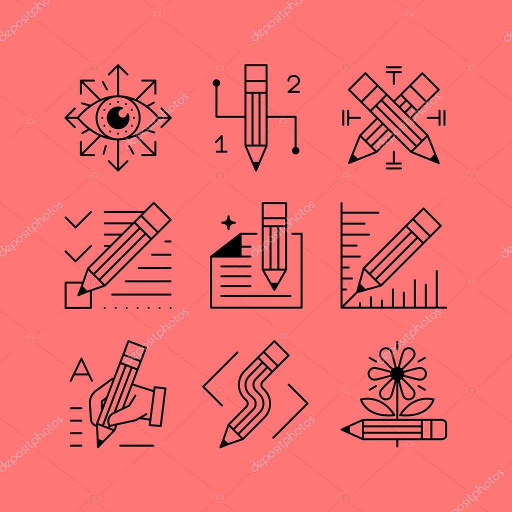 Set of line vectors icons in the flat style. The pencil tool, creative professional content creation, proofreading and editing, art and design