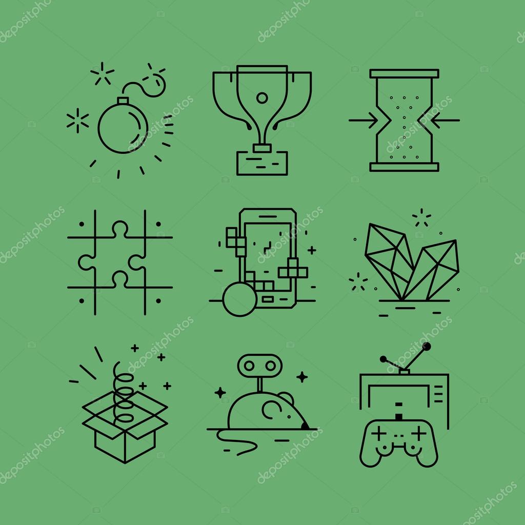 Set of line vectors icons in the flat style. Game design, skills and resources, video games,logical thinking, strategy development