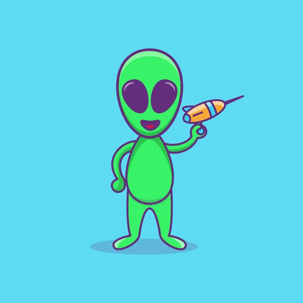 Alien Holding Laser Gun Bonito Mascote Alienígena Personagem Cartoon Ilustração — Vetor de Stock